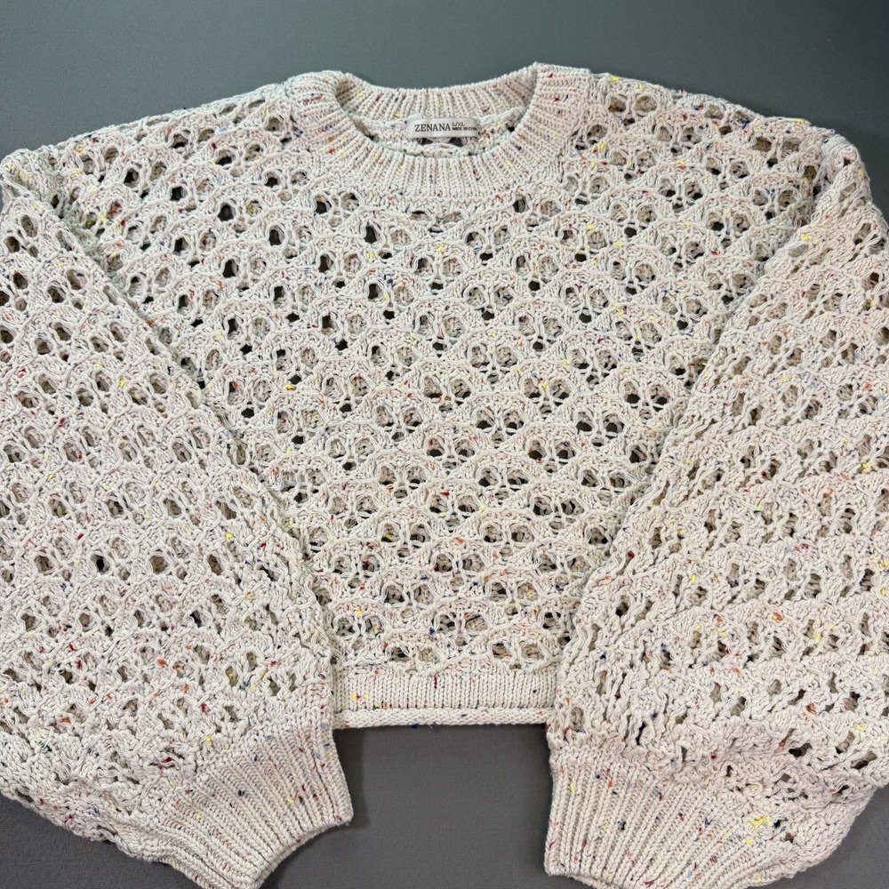 ZENANA Ivory Multicolor Speckled Open Knit Oversized Cropped Sweater L/XL NWOT‎